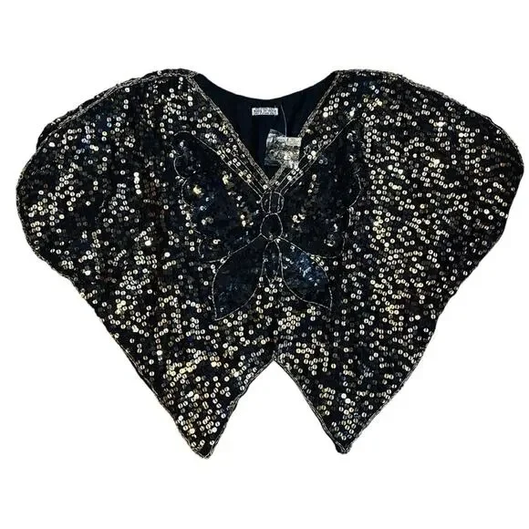 Vintage Women’s Sz S NWT Black Gold Sequin Butterfly Top 70s Deadstock Silk Boho